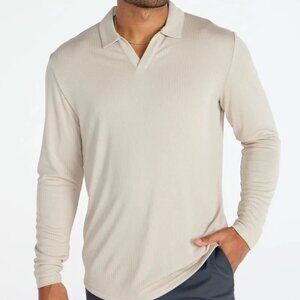 BYLT Latte Ribbed Drop-cut Open V Long Sleeve Polo
